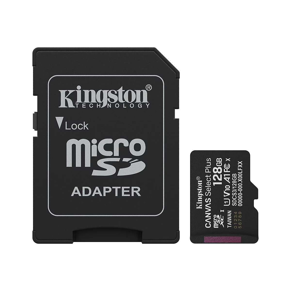 Schwarzer MicroSD-Adapter mit Kingston-Logo und Micro SD-Karte mit Aufdrucken. Der Adapter ist für eine sichere Verwendung mit "Lock" markiert.