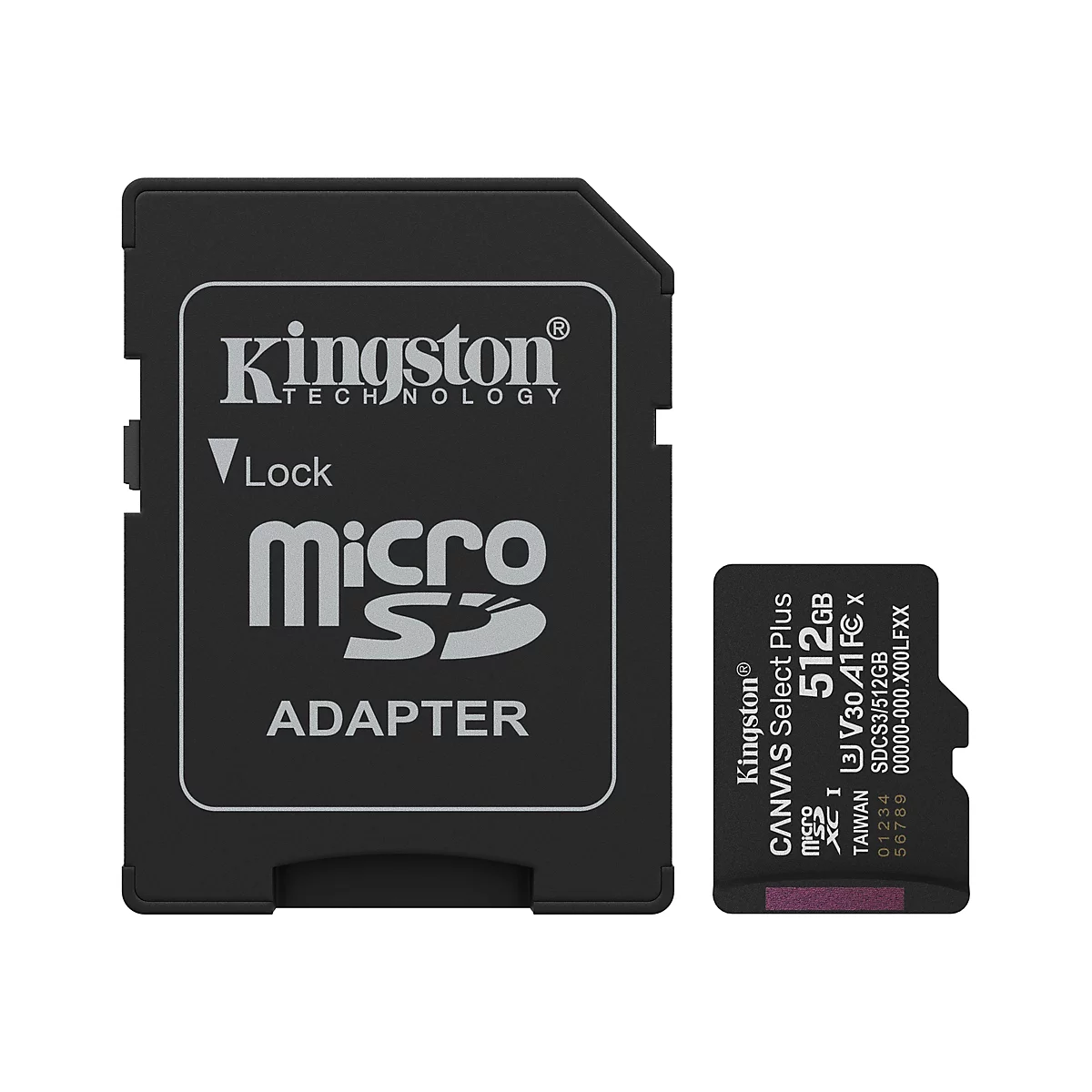 Schwarzer SD-Karten Adapter und MicroSD-Karte der Marke Kingston. Auf dem Adapter steht "Kingston Technology", "Micro SD Adapter" und "Lock". Die MicroSD-Karte hat die Aufschrift "CANVAS Select Plus" und "512GB".