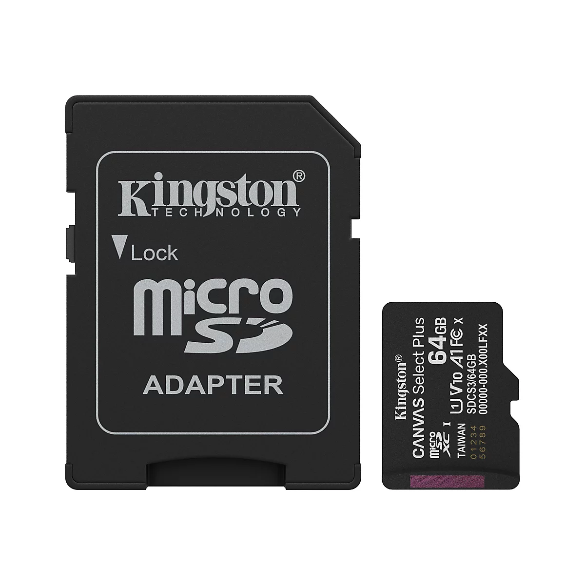 Zwei schwarze Speicherkarten, eine davon im Adapter. Beschriftung: Kingston, Micro SD, 64 GB.