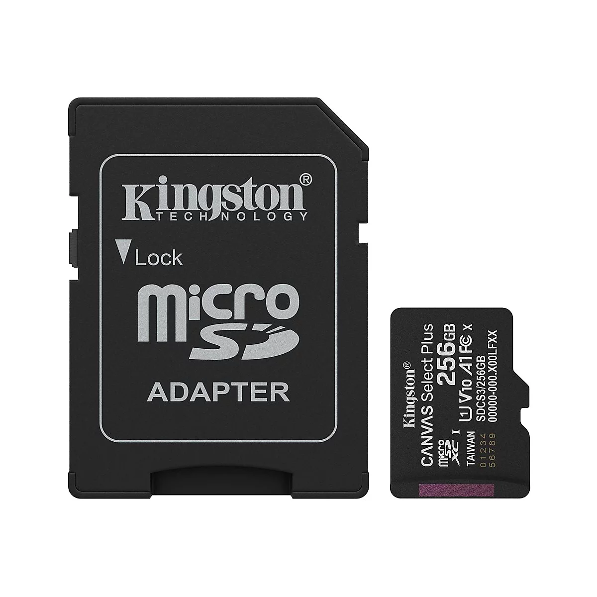 Carte SD et adaptateur noirs Kingston. Inscription : Adaptateur Micro SD, 256 Go.