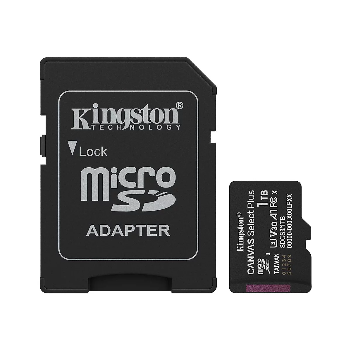 Adaptateur Kingston noir et carte micro SD. L'adaptateur porte l'inscription "Kingston Technology", "Lock" et "Micro SD Adapter". La carte contient des informations telles que "1 TB", "Canvas Select Plus" et "Taiwan".