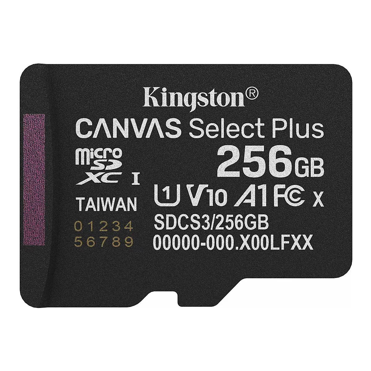 Une carte microSD Kingston noire avec texte blanc. Imprimés sont le nom de la marque, la capacité de stockage et les détails techniques.