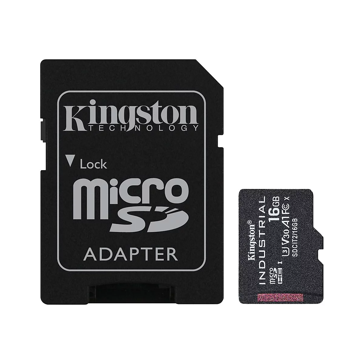 Un adaptateur de carte SD noir à côté d'une carte micro SD, tous deux avec des logos Kingston et du texte. L'adaptateur indique 'Micro SD Adapter'.