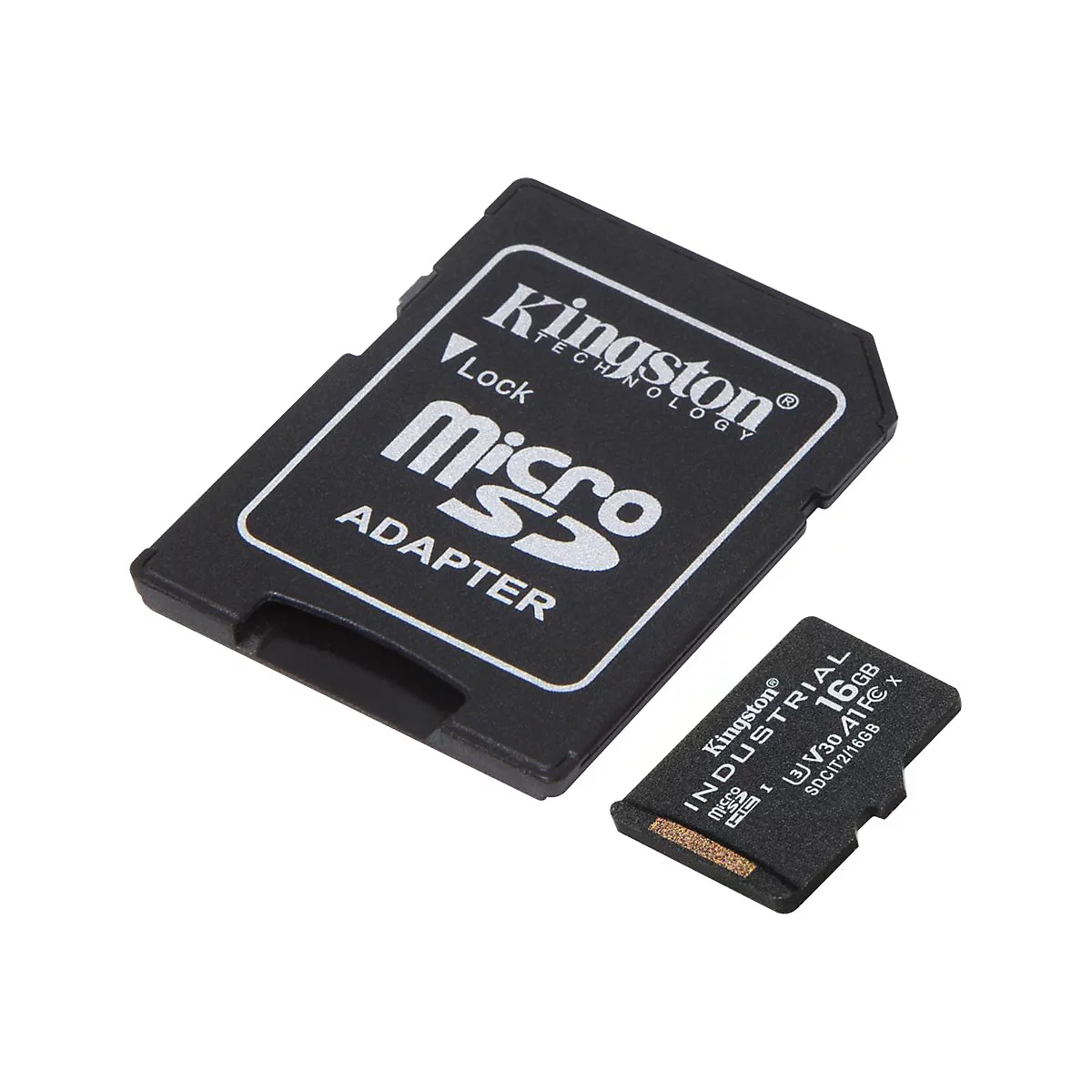Un adaptateur de carte SD noir et une carte micro SD de Kingston sont côte à côte. L'adaptateur porte le logo "Kingston" et "micro SD Adapter". La carte porte "INDUSTRIAL 16 Go".