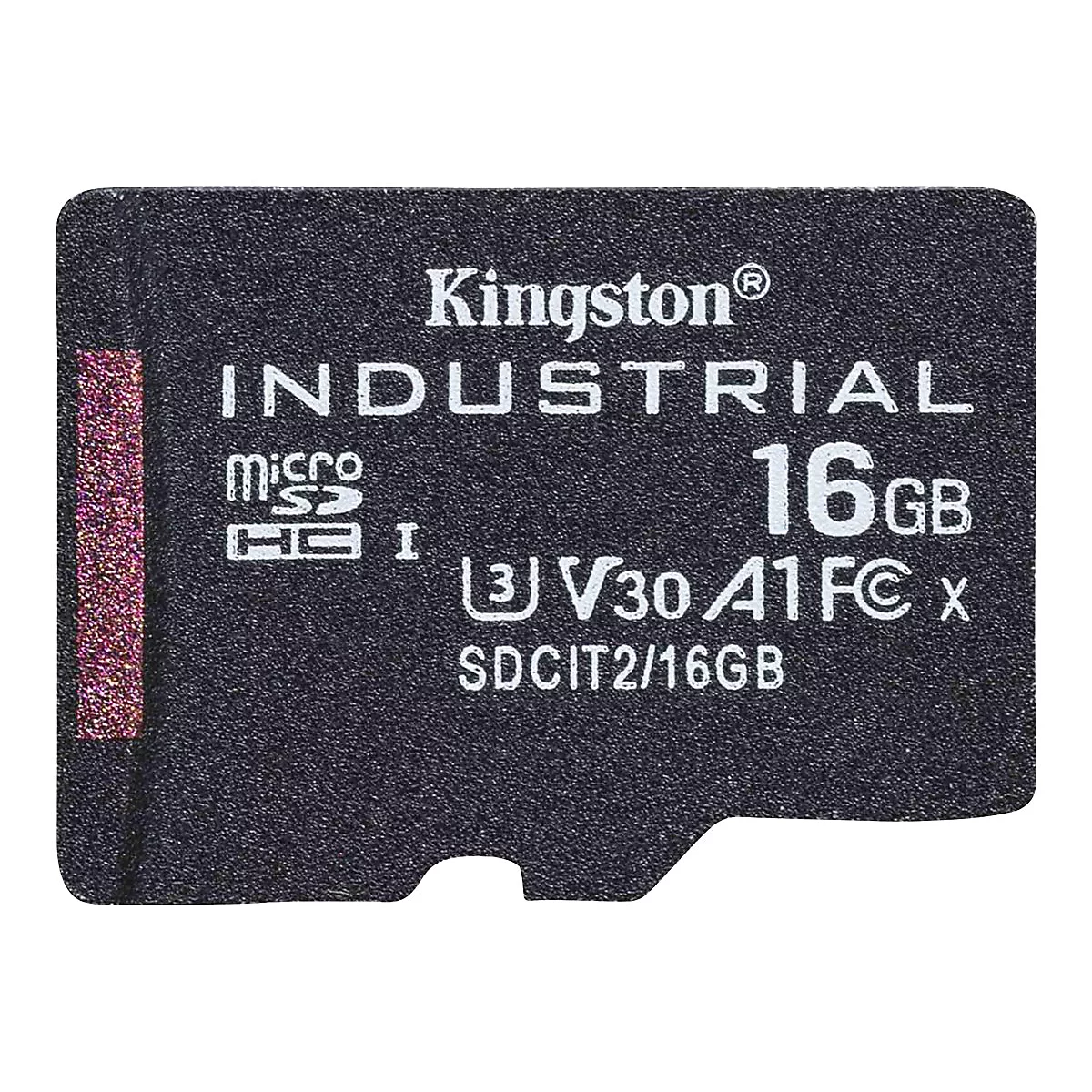 Carte Micro SD Kingston Industrial 16 Go noire avec texte blanc. En haut à gauche : logo Kingston, à droite 16 Go.