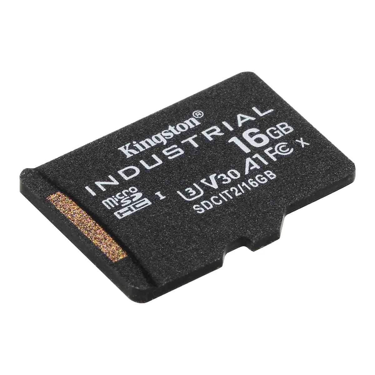 Une carte micro SD Kingston noire avec texte blanc. Inscriptions : Industrial 16 Go, Micro SD, V30 A1.