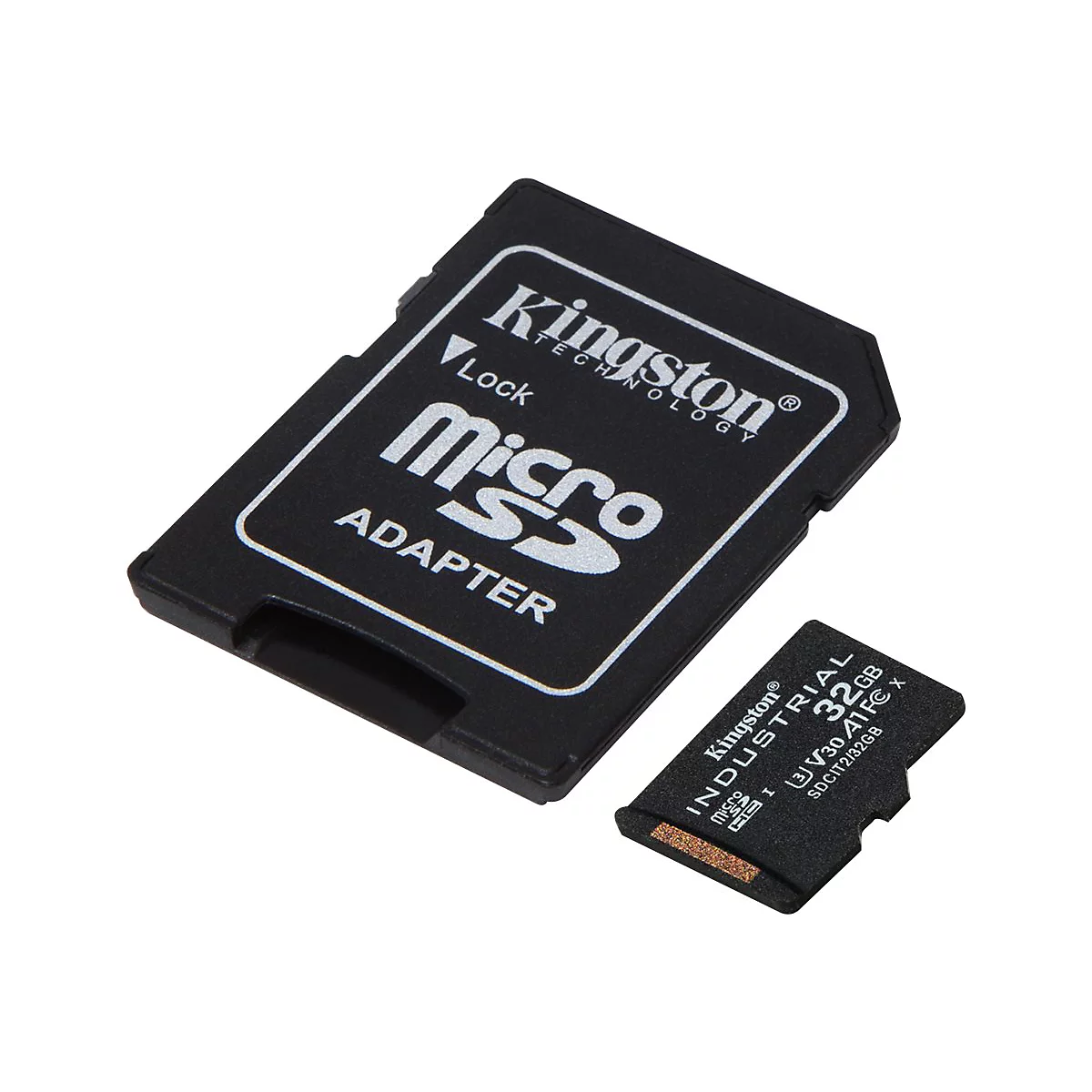 Adaptateur noir et carte micro SD Kingston. L'adaptateur est étiqueté micro adaptateur.