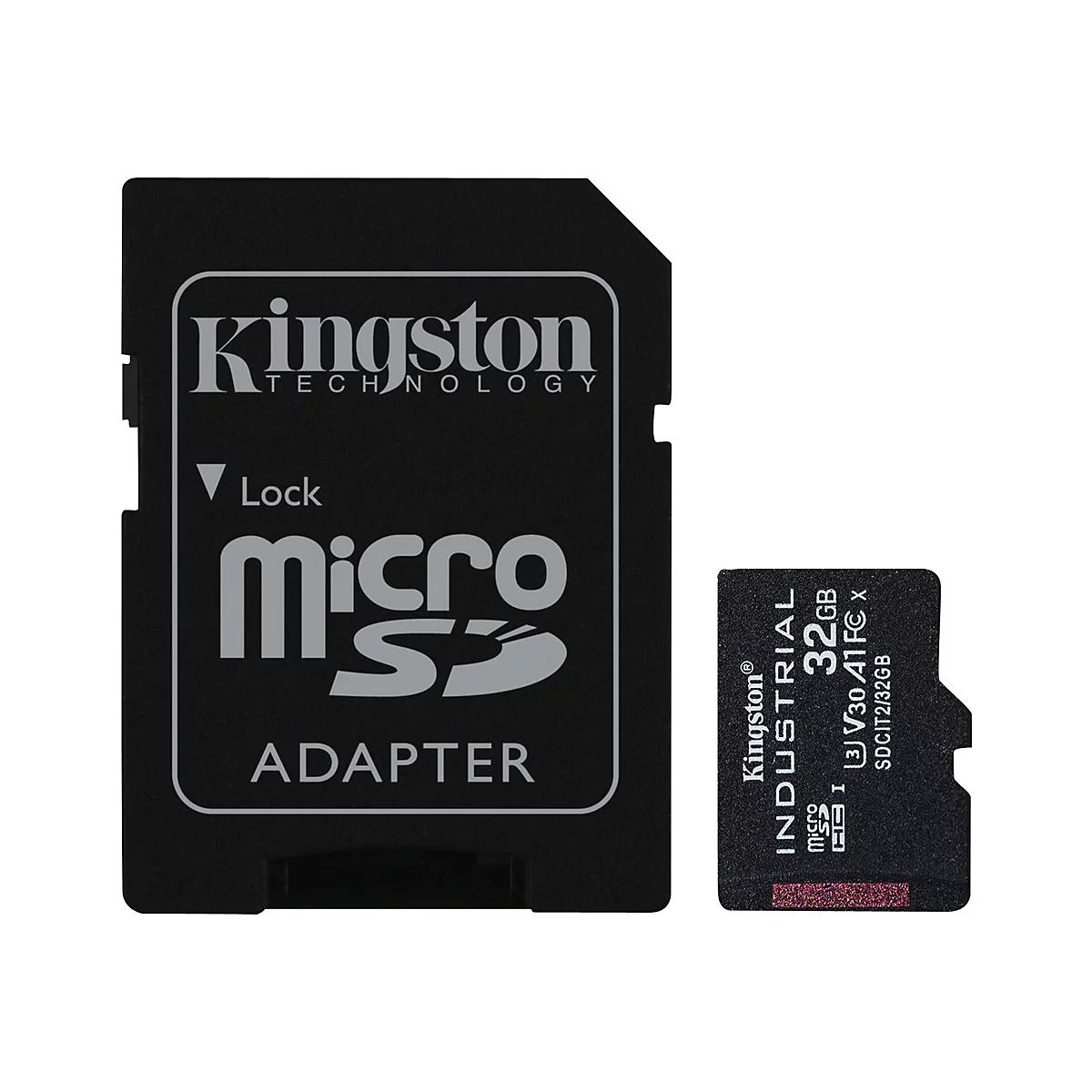 Adaptateur Micro SD Kingston noir et carte micro SD. L'adaptateur avec 'Kingston Technology', 'Lock', 'Micro SD' et 'Adapter'. La carte avec 'Kingston Industrial 32GB'.