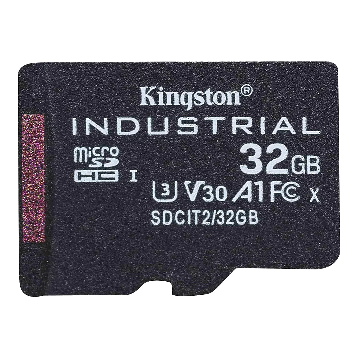 Une carte micro SD noire avec des lettres blanches, Kingston Industrial, 32 Go.
