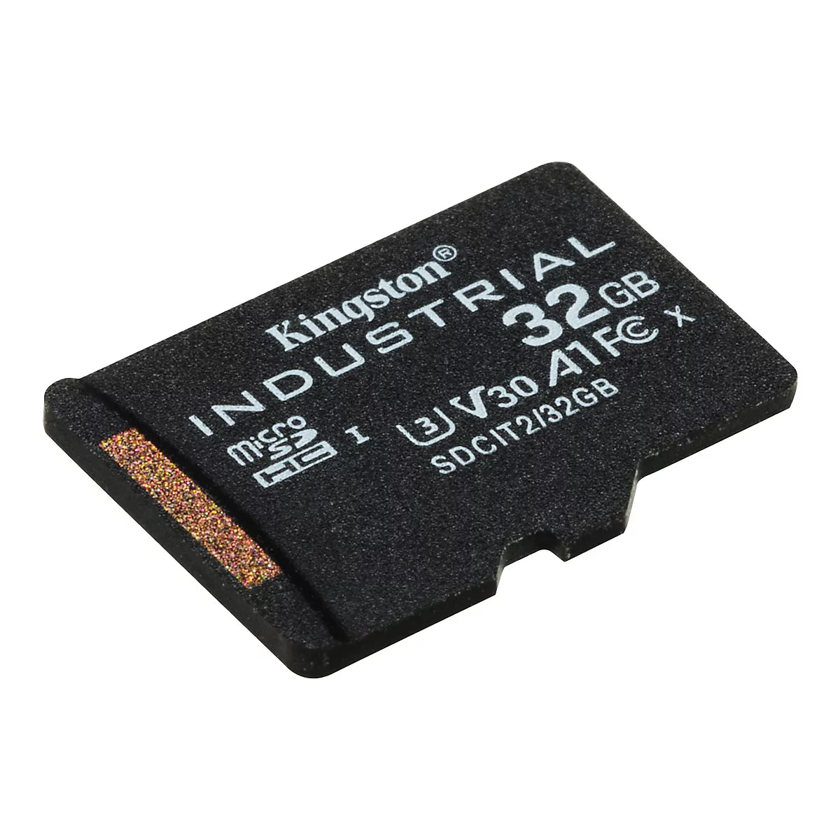 Carte micro SD noire Kingston Industrial 32 Go. Inscriptions : Kingston Industrial, 32 Go, Micro SD.