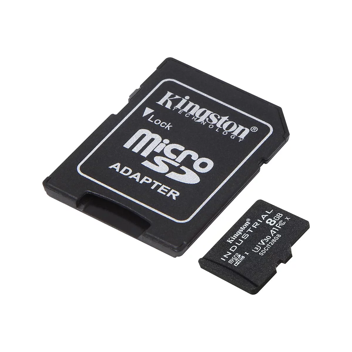 Adaptateur de carte micro SD Kingston noir et carte micro SD séparée avec texte.