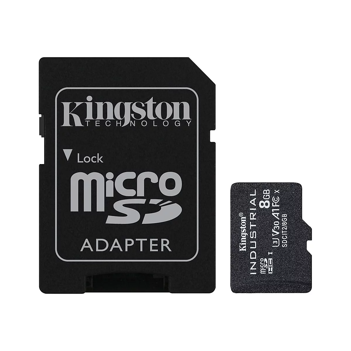 Adaptateur micro SD Kingston noir et une carte micro SD, étiquetée Kingston Industrial 8GB.