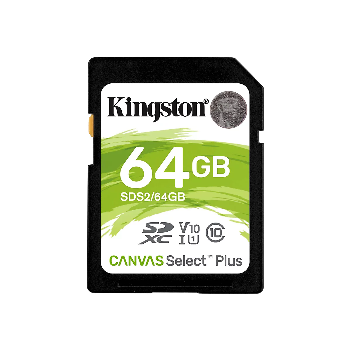Une carte SD noire avec le logo blanc Kingston et l'inscription verte 64 Go.