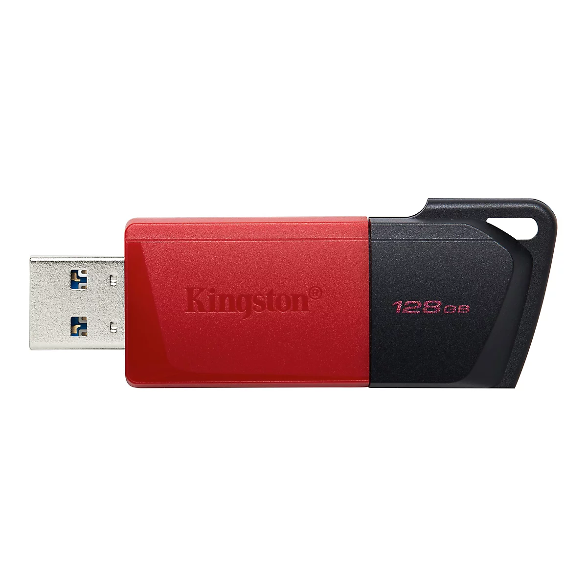 Une clé USB rouge et noire avec les mots "Kingston" et "128GB".