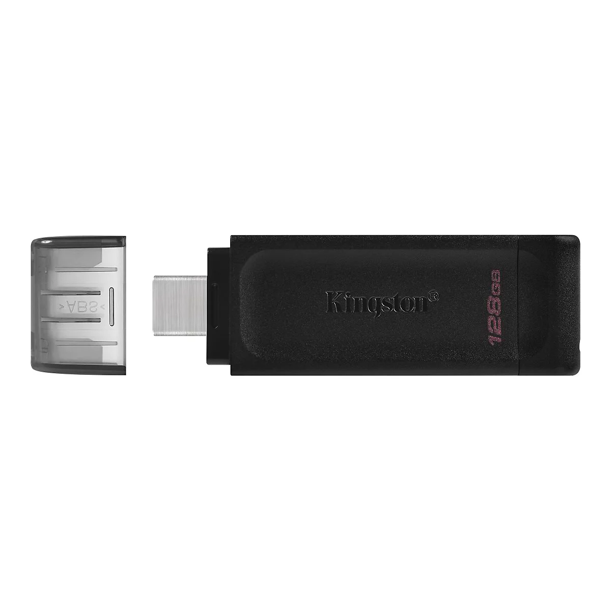 Clé USB noire avec le capuchon retiré. La clé indique 'Kingston' et '128 Go'.