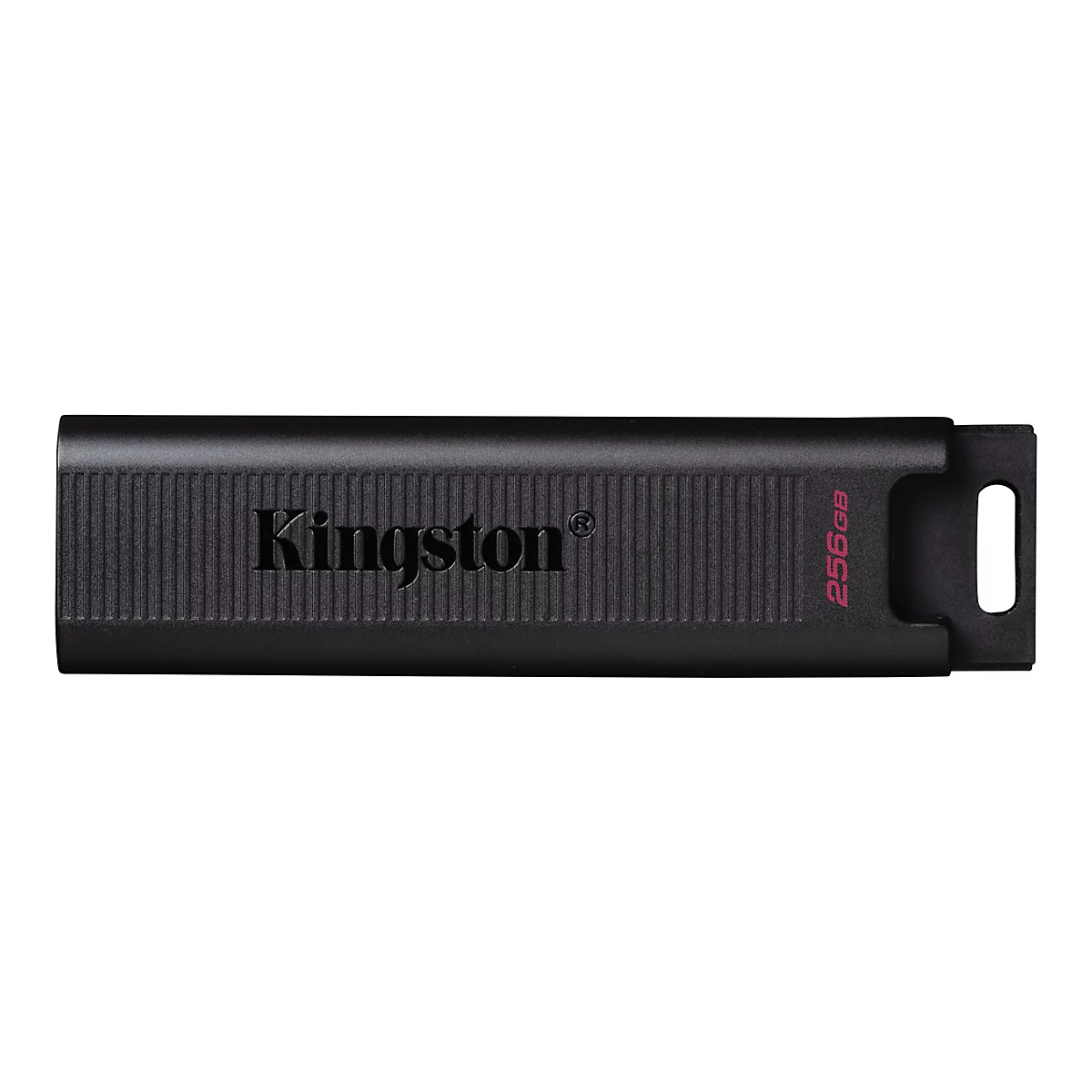 Clé USB Kingston noire avec indication rouge de 256 Go et logo Kingston.