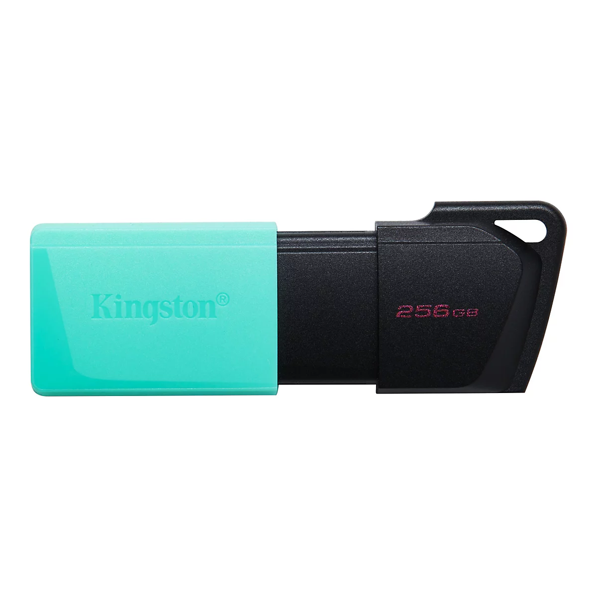 Une clé USB turquoise et noire de la marque Kingston. La partie turquoise porte l'inscription "Kingston" en lettres blanches. La partie noire porte l'inscription "256 Go".