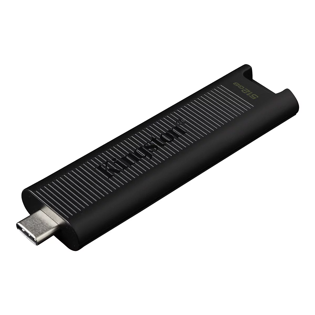 Clé USB noire avec inscription 'Kingston' et impression 512 Go sur fond blanc.