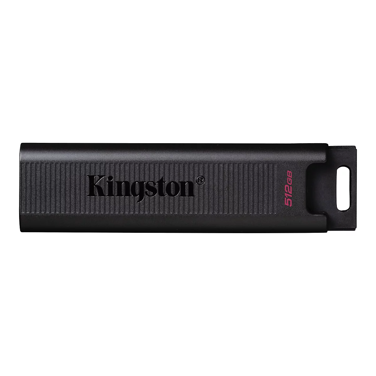 Clé USB noire Kingston avec l'impression Kingston et 512 Go, sur fond blanc.