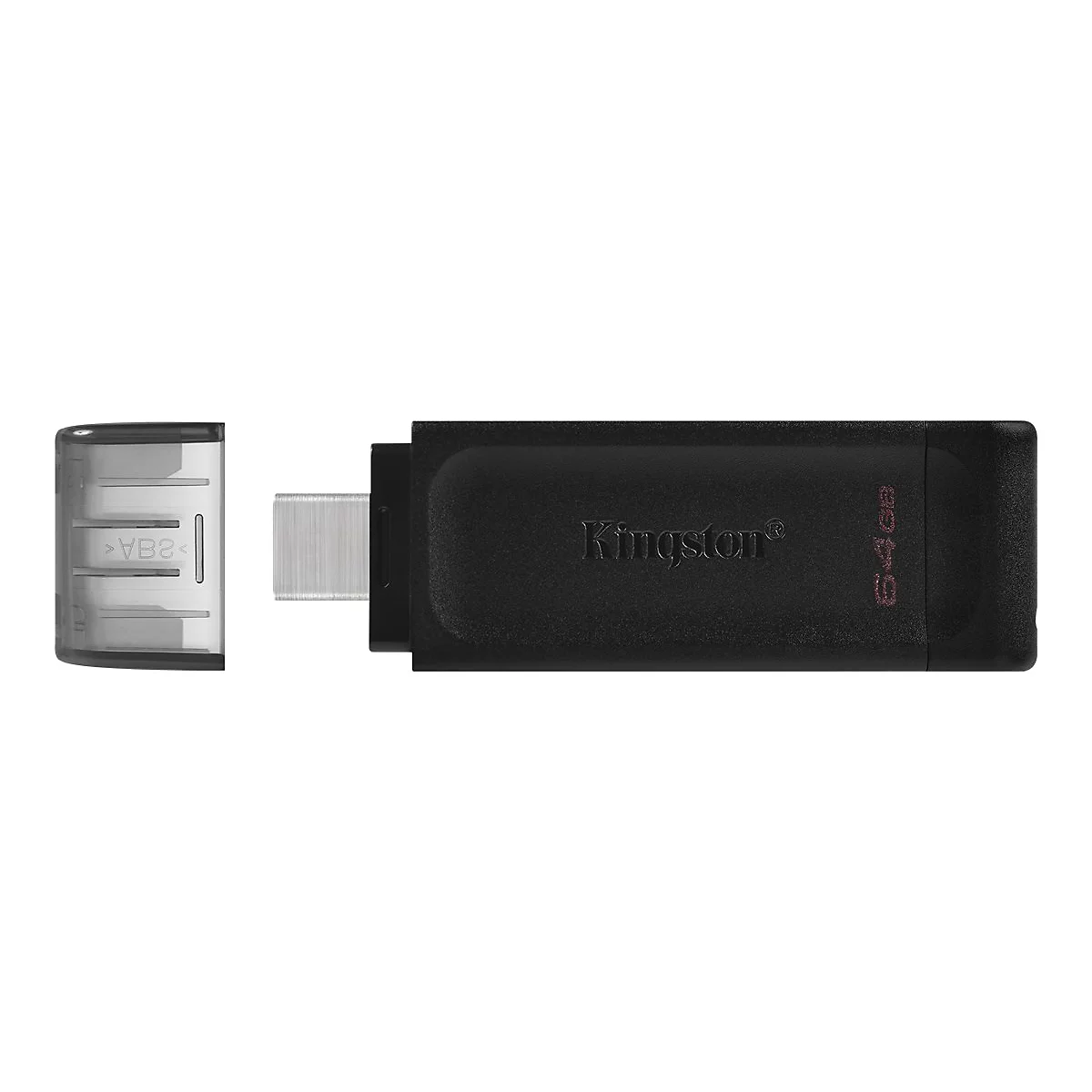 Schwarzer Kingston USB-Stick mit abgenommenem Kappe, auf weißem Hintergrund. Auf dem Stick steht 'Kingston' und '64GB'.
