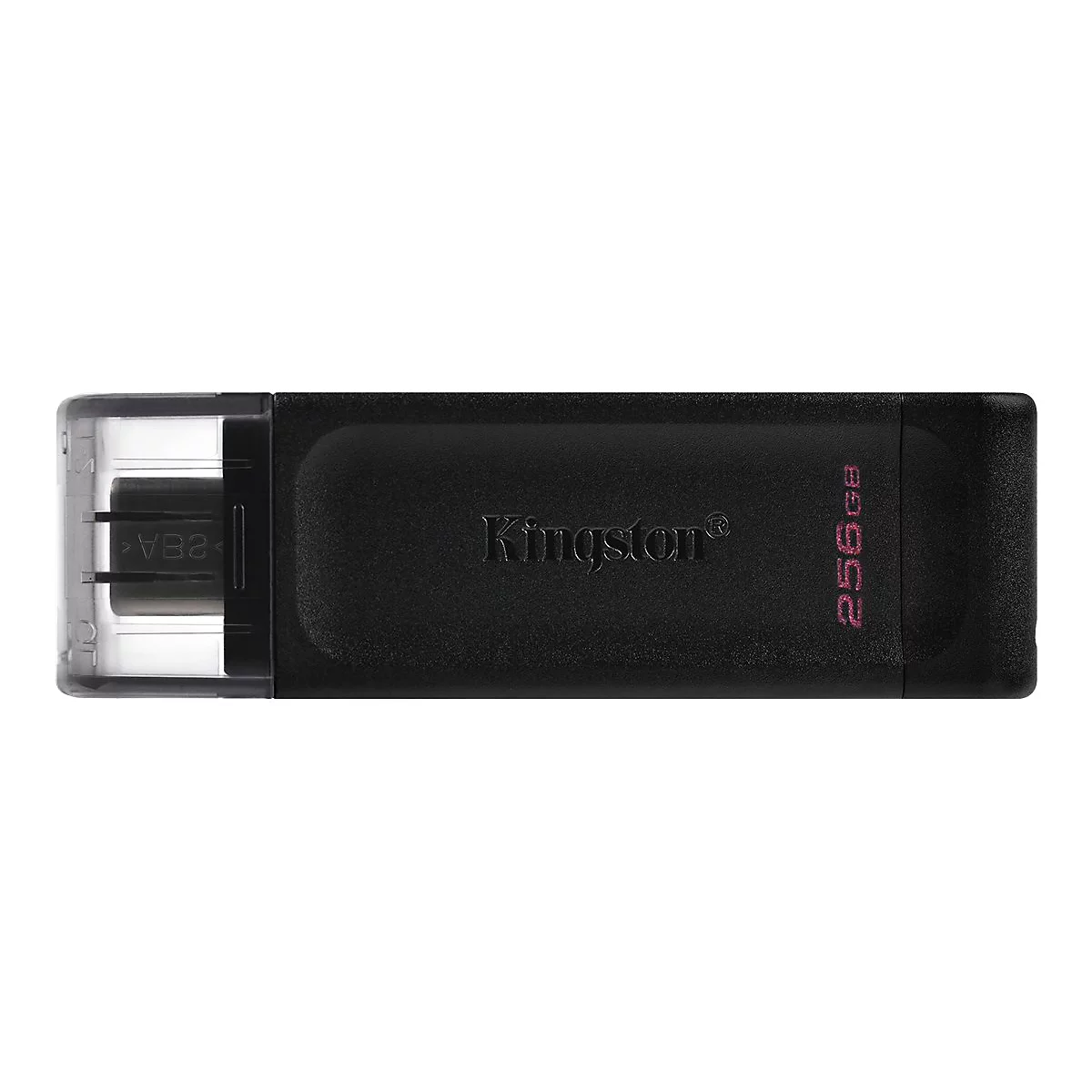 Schwarzer Kingston USB-Stick mit der Aufschrift 256GB. Am Ende ein grauer USB-Anschluss.