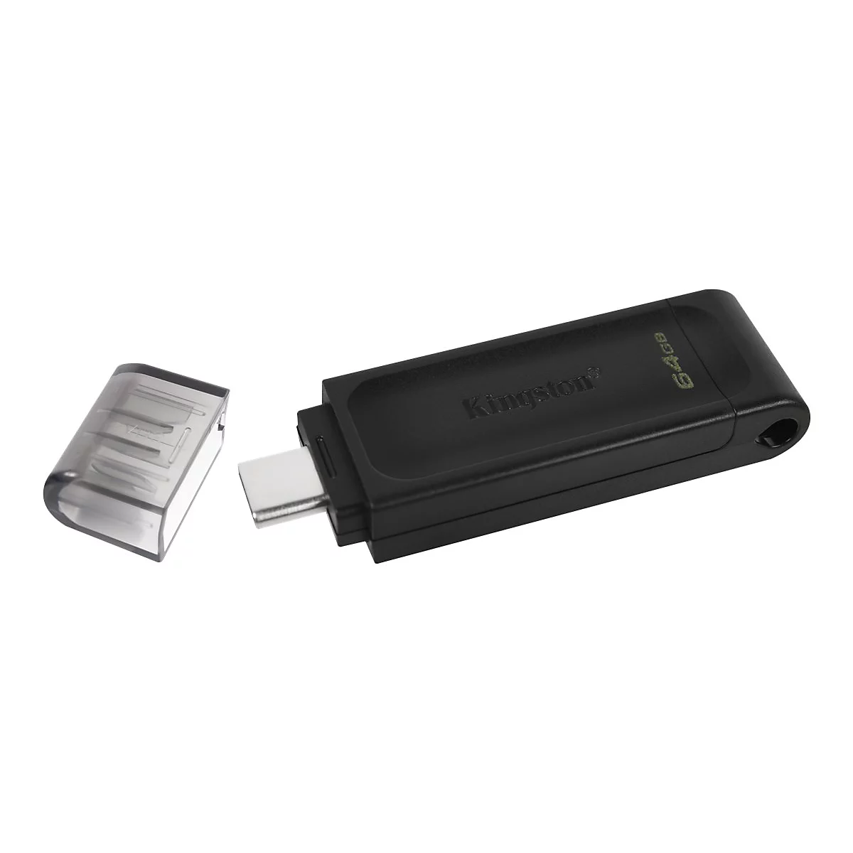 Schwarzer USB-Stick mit abgenommener Kappe. Kingston Logo und 64GB Aufschrift deutlich sichtbar.