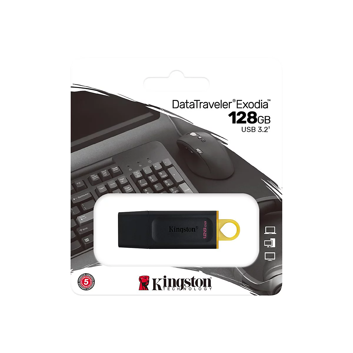 Clé USB noire Kingston DataTraveler Exodia 128 Go. Emballage avec clavier, souris et symboles.