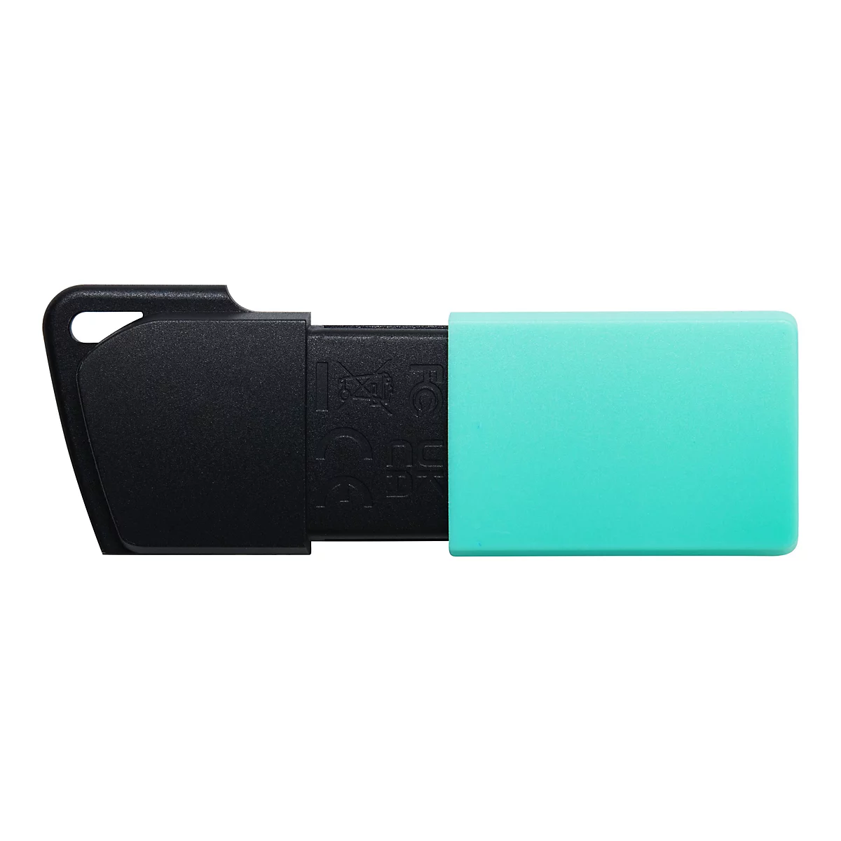 Clé USB avec boîtier noir et capuchon turquoise, détaillée.
