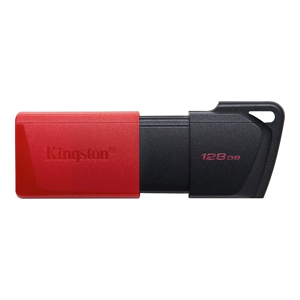 Ein roter und schwarzer USB-Stick. Der rote Teil trägt das Kingston-Logo, der schwarze Teil die Aufschrift 128GB.