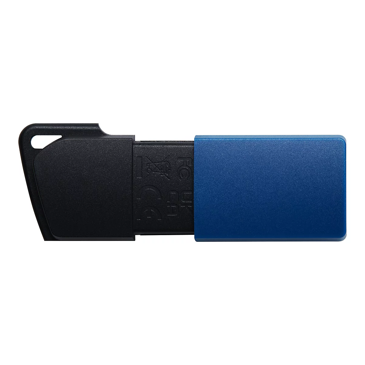 Ein USB-Stick, der zur Hälfte in Schwarz und zur Hälfte in Blau gehalten ist, liegt horizontal vor weißem Hintergrund.