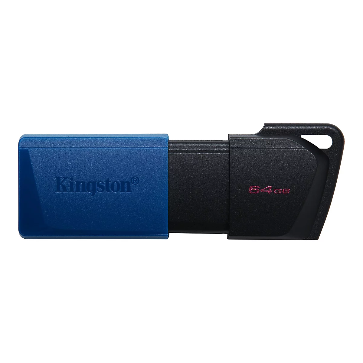 Blau-schwarzer USB-Stick mit 'Kingston'-Logo und '64GB' Aufschrift.