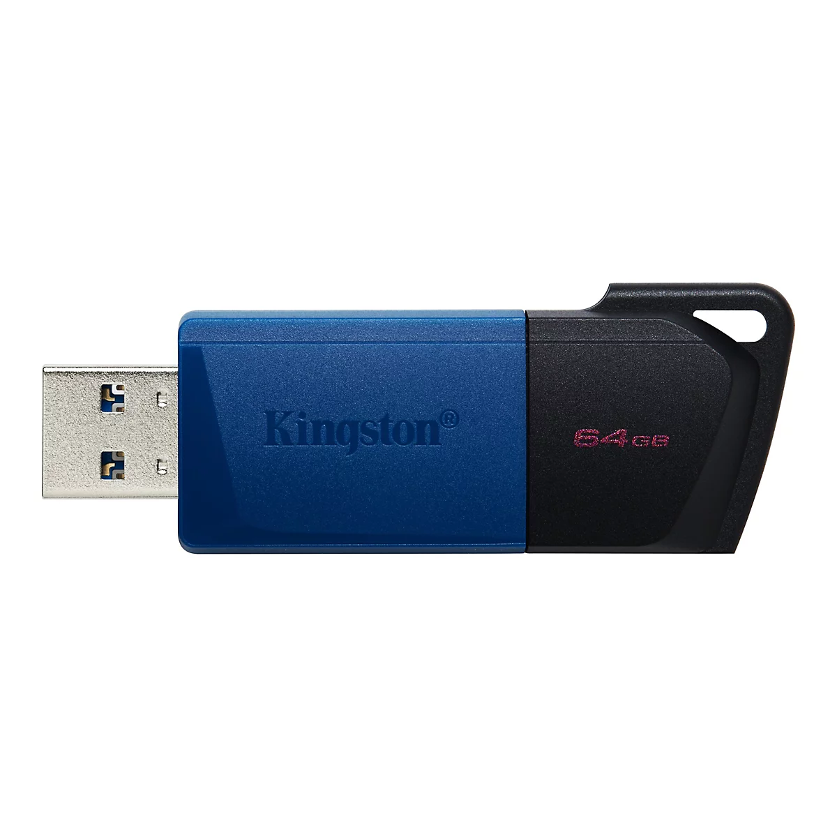 Ein blauer und schwarzer USB-Stick mit dem Kingston-Logo und der Aufschrift 64GB.
