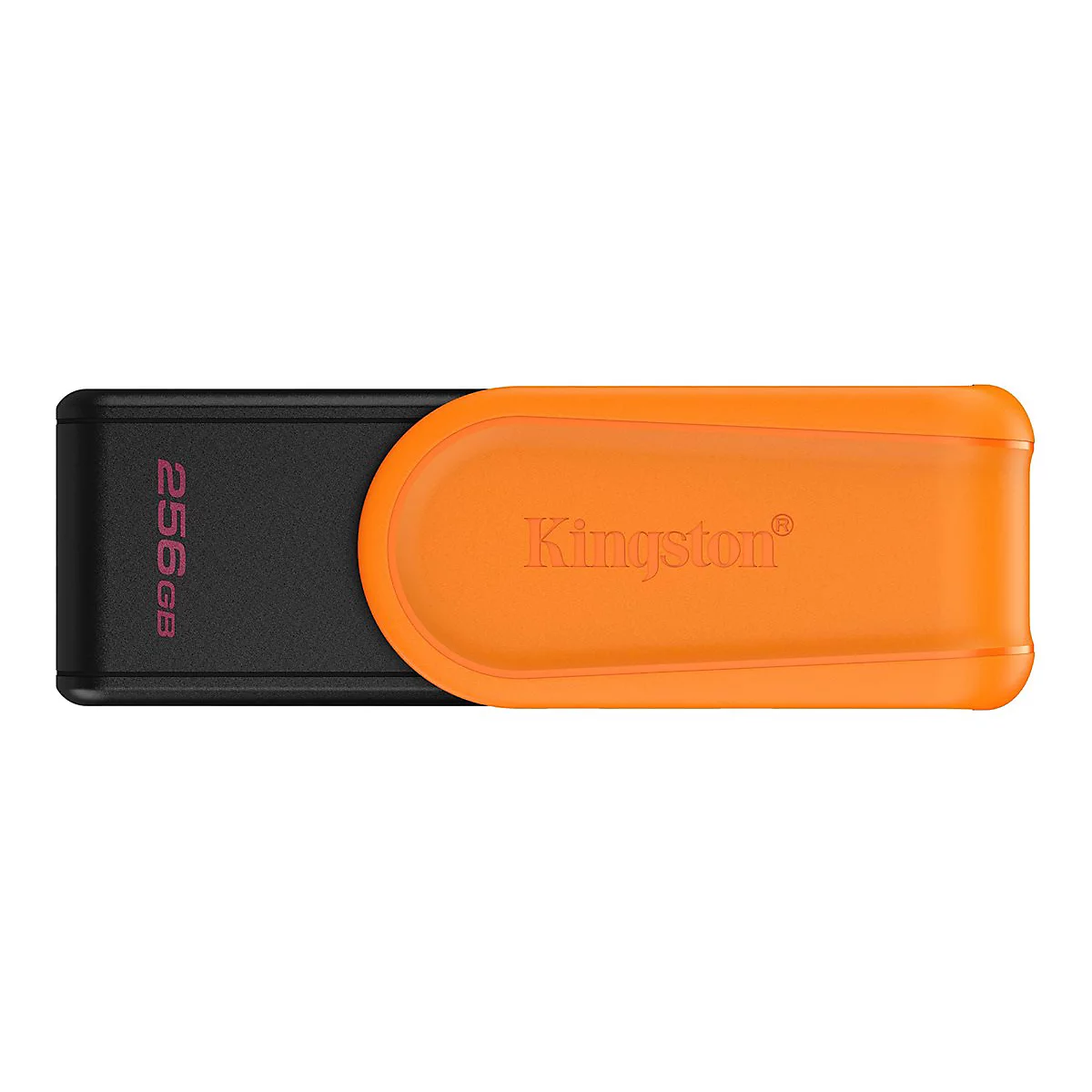Ein schwarzer 256GB USB-Stick mit orangefarbener Kappe mit dem Kingston-Logo, vor weißem Hintergrund.