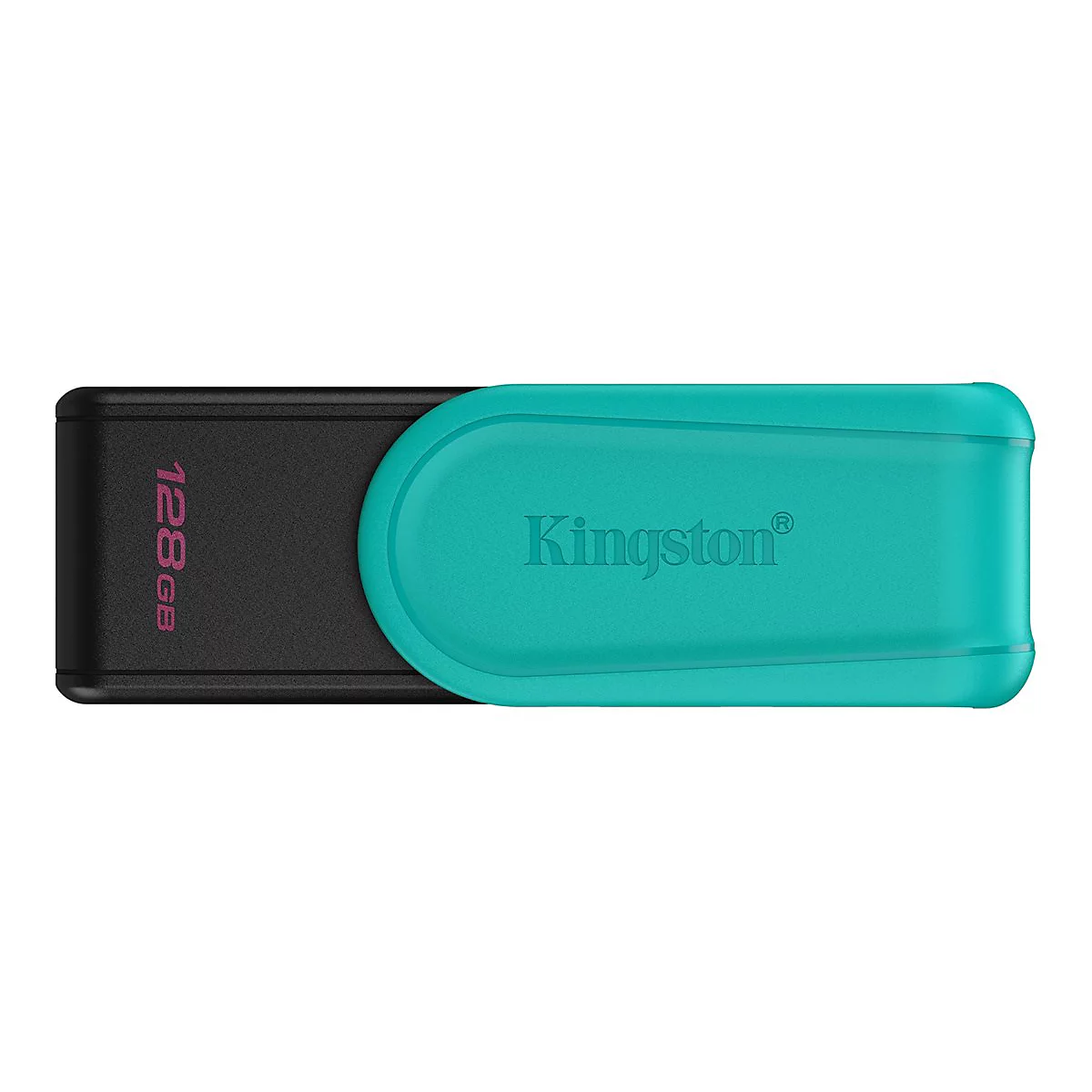 Ein schwarzer USB-Stick mit türkisfarbener Kappe. Auf dem Stick steht "128GB" und auf der Kappe "Kingston".