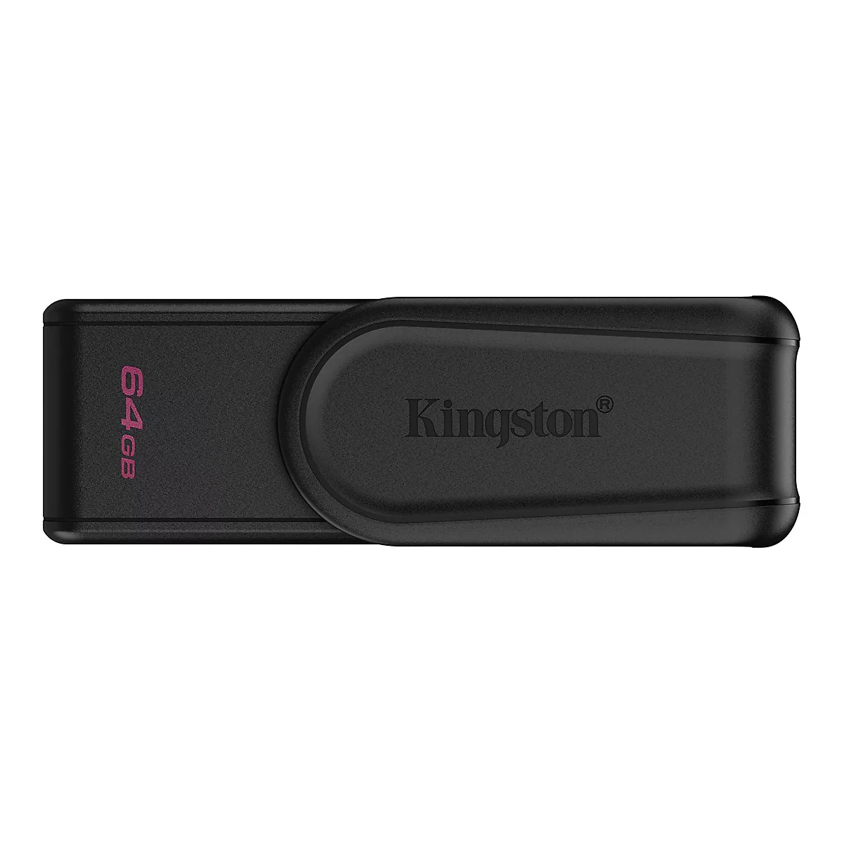 Schwarzer USB-Stick von Kingston mit Aufdruck "64GB" und "Kingston".