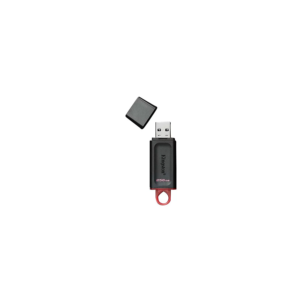 Schwarzer USB-Stick, Kappe daneben. Aufschrift: Kingston, 256GB.