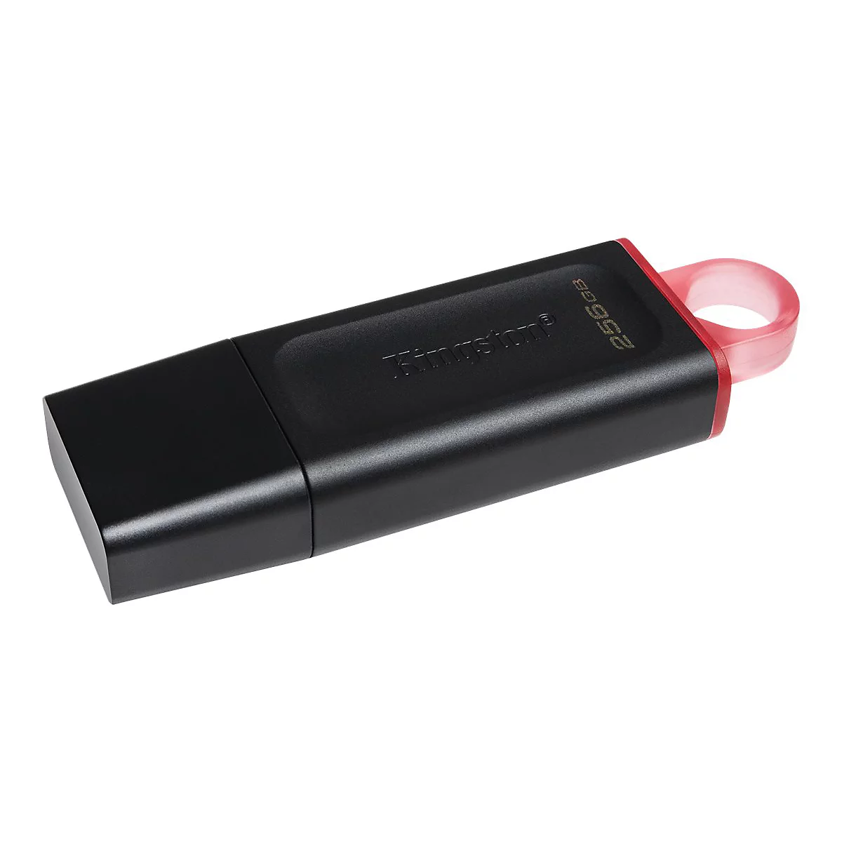 Schwarzer USB-Stick mit roter Schlaufe. Aufschrift 256GB.