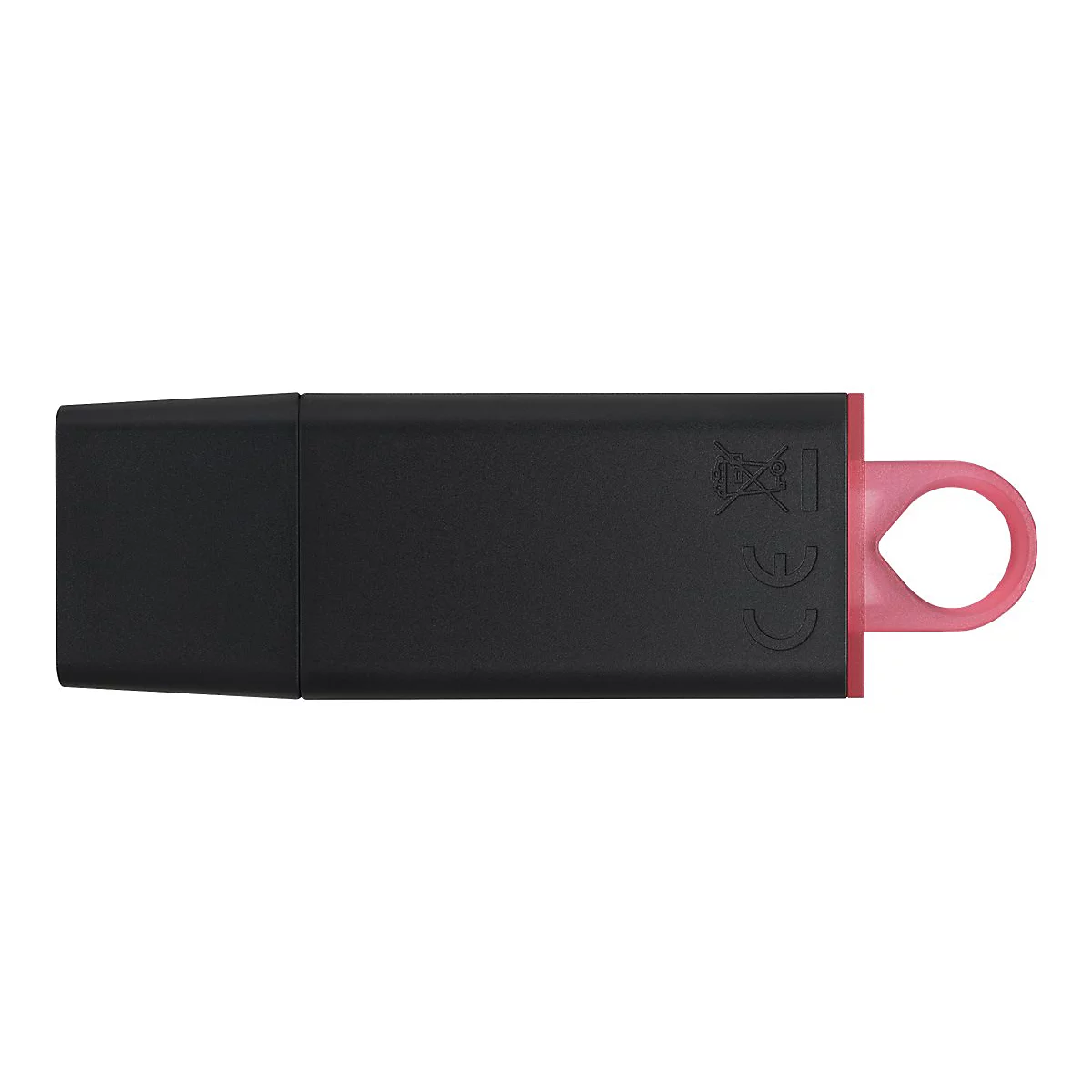 Schwarzer USB-Stick mit pinkfarbenem Ring. Details wie CE-Zeichen sichtbar.