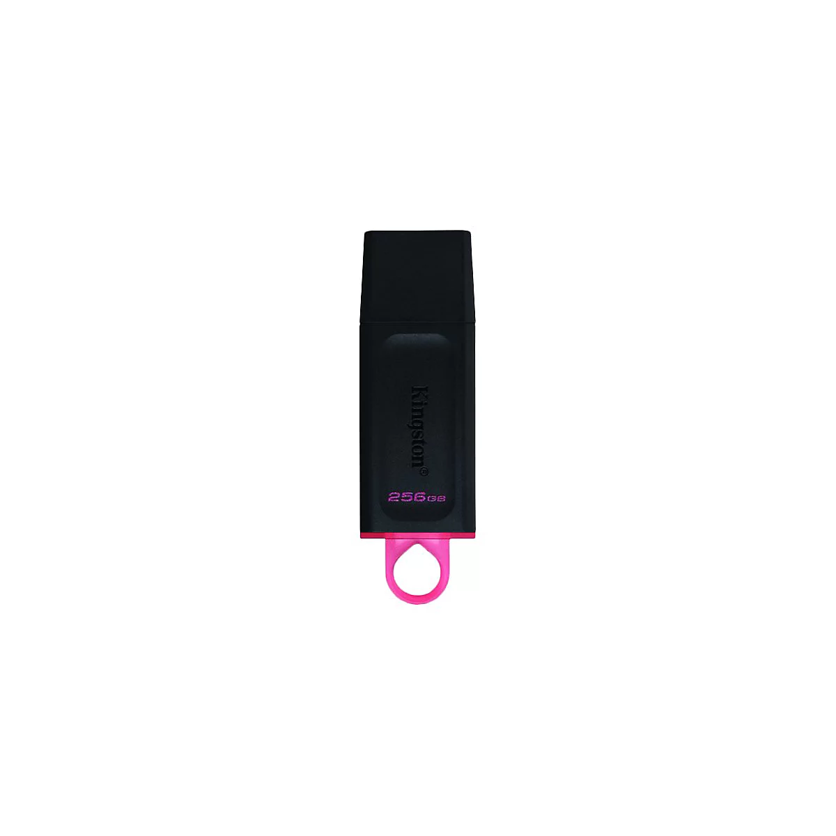 Ein schwarzer USB-Stick von Kingston mit pinkfarbenem Ring. Auf dem Stick steht Kingston 256GB.