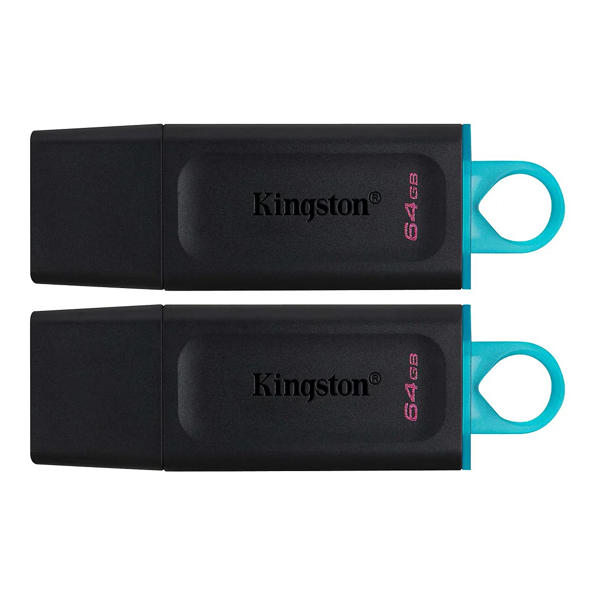 Zwei schwarze USB-Sticks der Marke Kingston mit tÃ¼rkisfarbenen Schlaufen auf weiÃŸem Hintergrund.