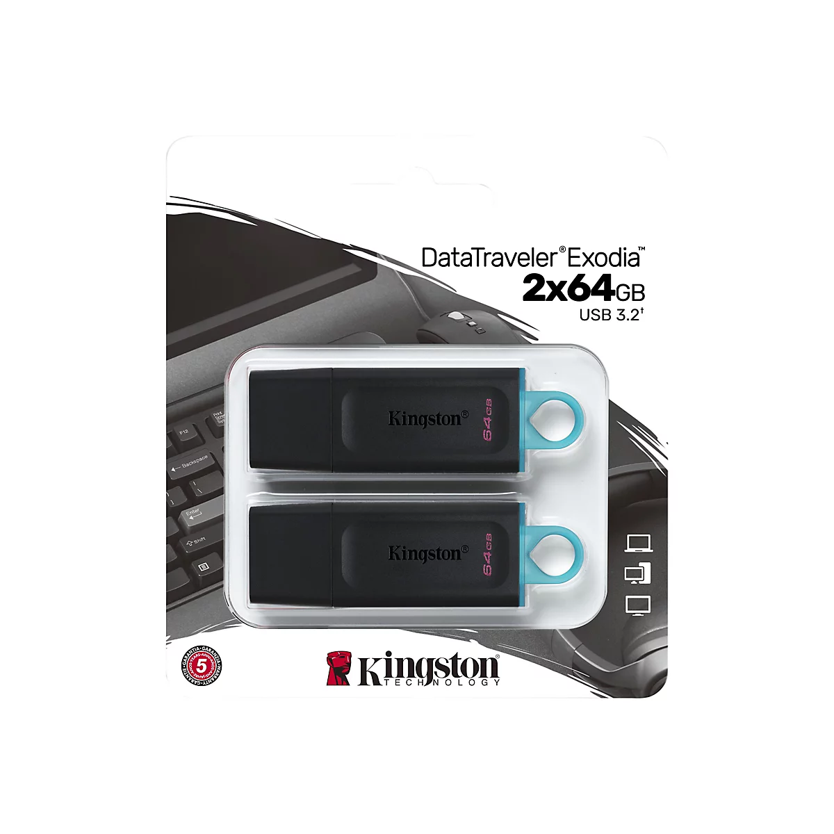 Zwei schwarze USB-Sticks in Verpackung. Aufdruck: DataTraveler Exodia, 2x64 GB, Kingston.