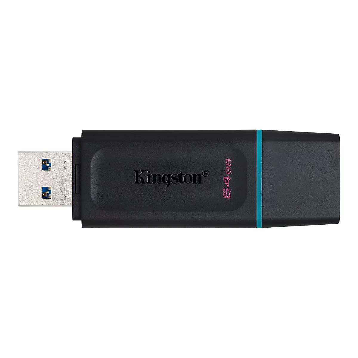 Schwarzer USB-Stick mit silbernem Anschluss und Aufschrift "Kingston 64GB".