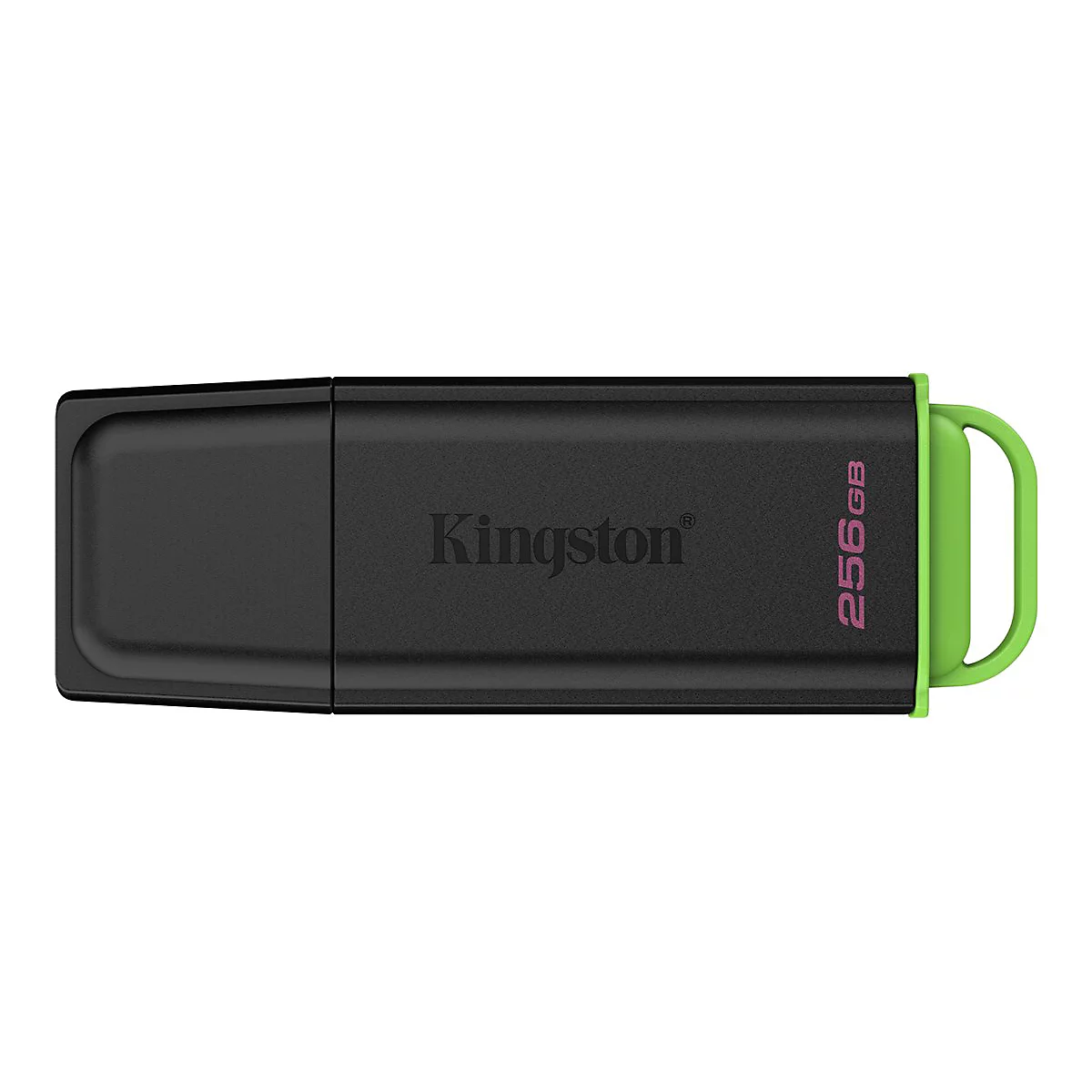 Schwarzer USB-Stick mit grünem Detail. Aufschrift 'Kingston' und Kapazität '256GB'.