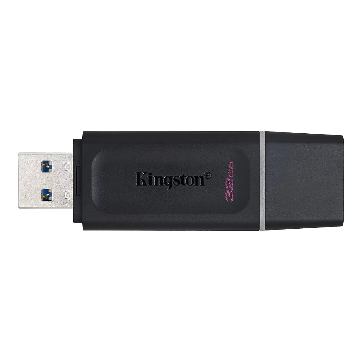 Schwarzer Kingston USB-Stick mit 32 GB Speicherkapazität und USB-A Anschluss vor weißem Hintergrund.
