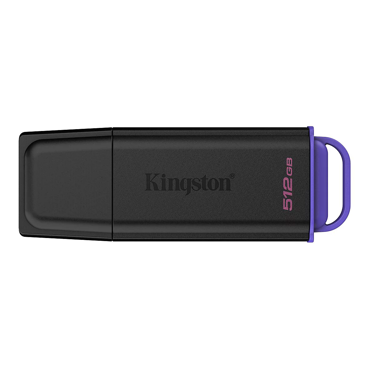 Schwarzer USB-Stick mit lila Akzenten, 512 GB. Aufschrift: Kingston.