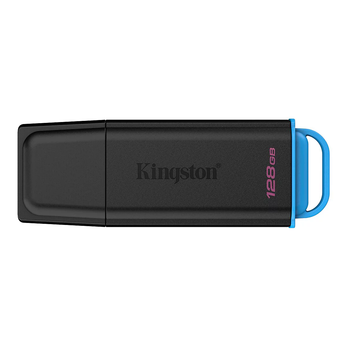 Schwarzer USB-Stick von Kingston mit blauem Akzent, 128GB.