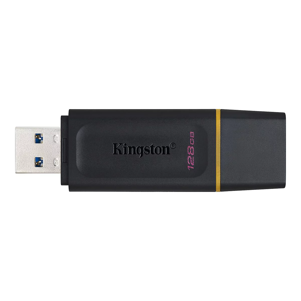 Schwarzer USB-Stick mit silbernem Anschluss und Aufschrift "Kingston" sowie "128GB".