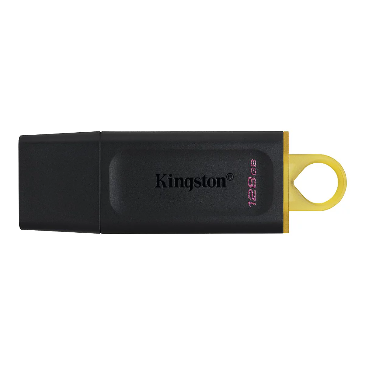 Schwarzer USB-Stick mit gelbem Detail. Schriftzug "Kingston". Aufdruck "128GB".