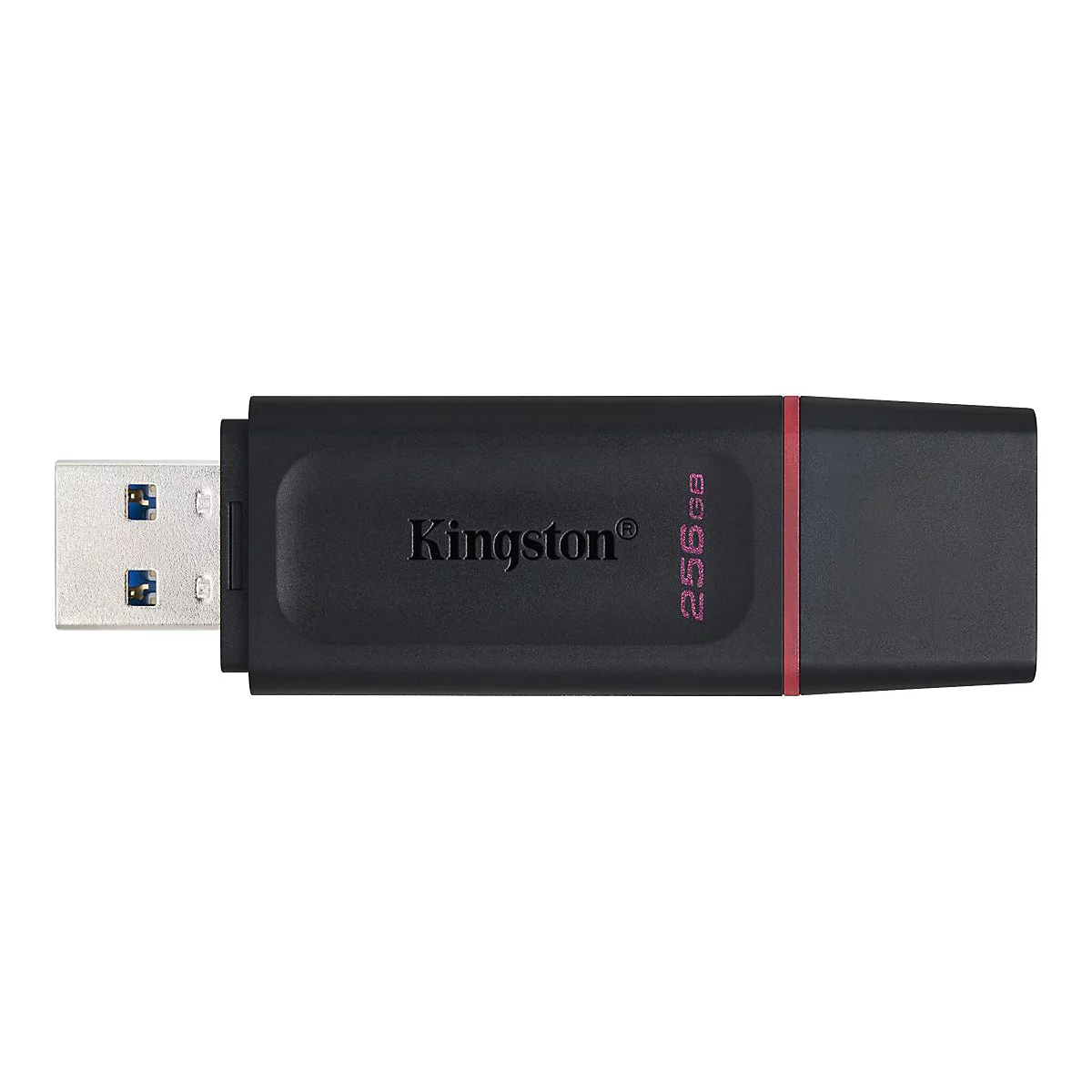 Schwarzer USB-Stick mit 'Kingston'-Logo, roter Linie und '256GB' Schriftzug. USB-Anschluss sichtbar.