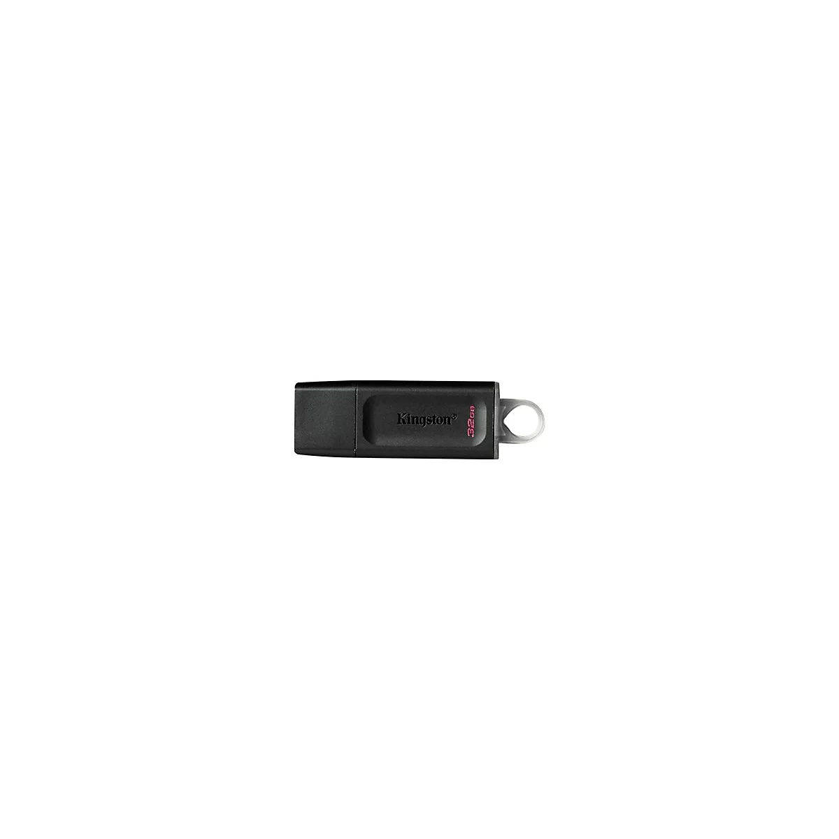 Schwarzer Kingston USB-Stick mit 32GB Speicherkapazität vor weißem Hintergrund.